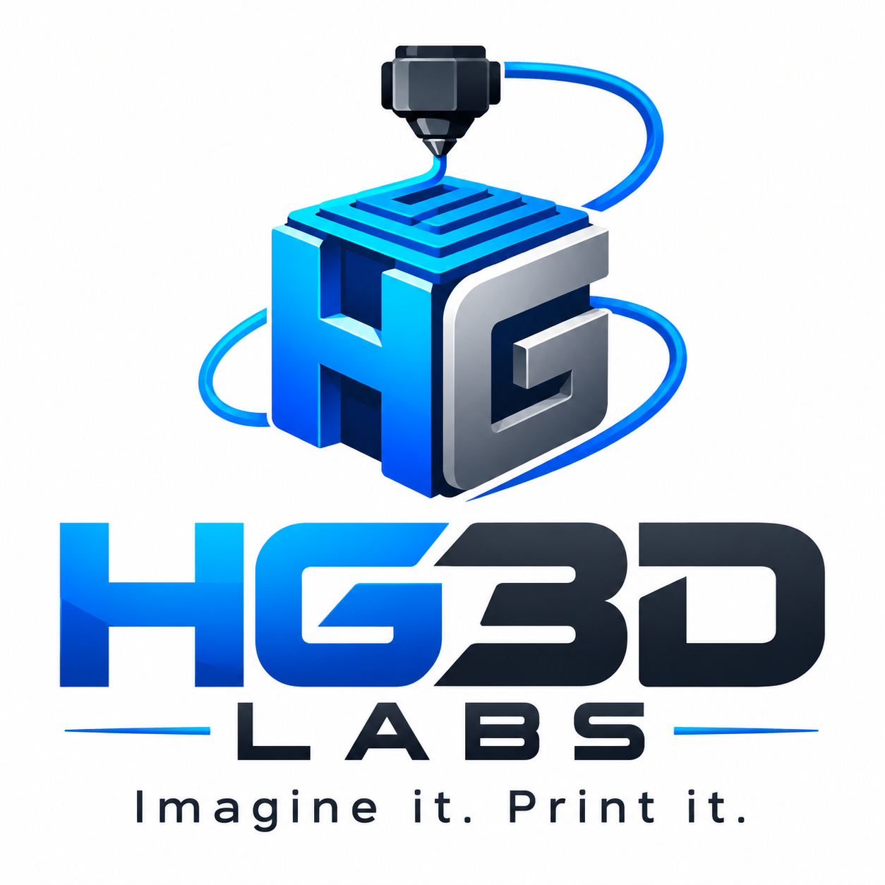 HG3D Labs logo with a 3D printer creating an HG cube